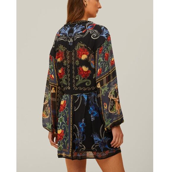 Farm Rio Black Mixed Arabesque Scarves Long Sleeve Mini Dress Size XS NWT Chic - Picture 11 of 16